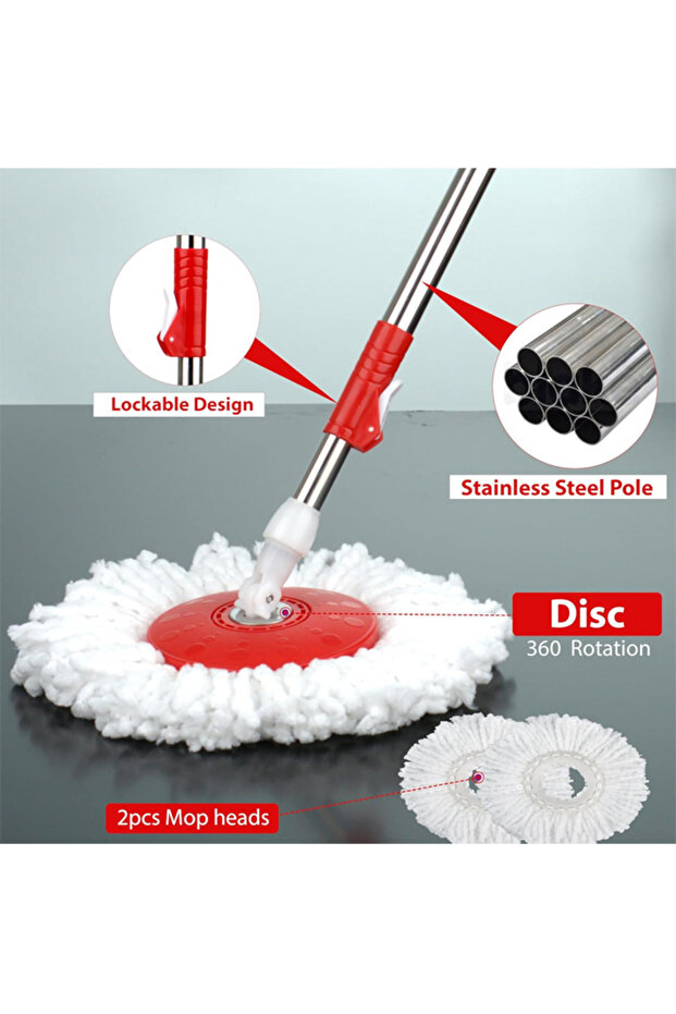 Spin mop and bucket set with 2 microfiber heads and 360 degree rotating handle for floor cleaning - 3
