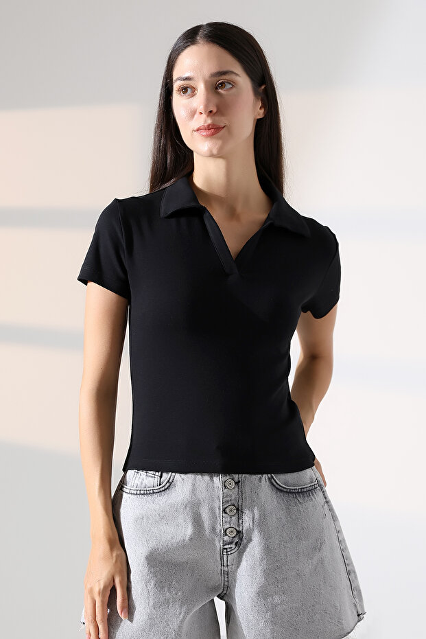 Relax Fit Comfortable Cut Cotton Rib Knit Shirt Collar Short Sleeve Basic Women's T-Shirt 22023 BLACK