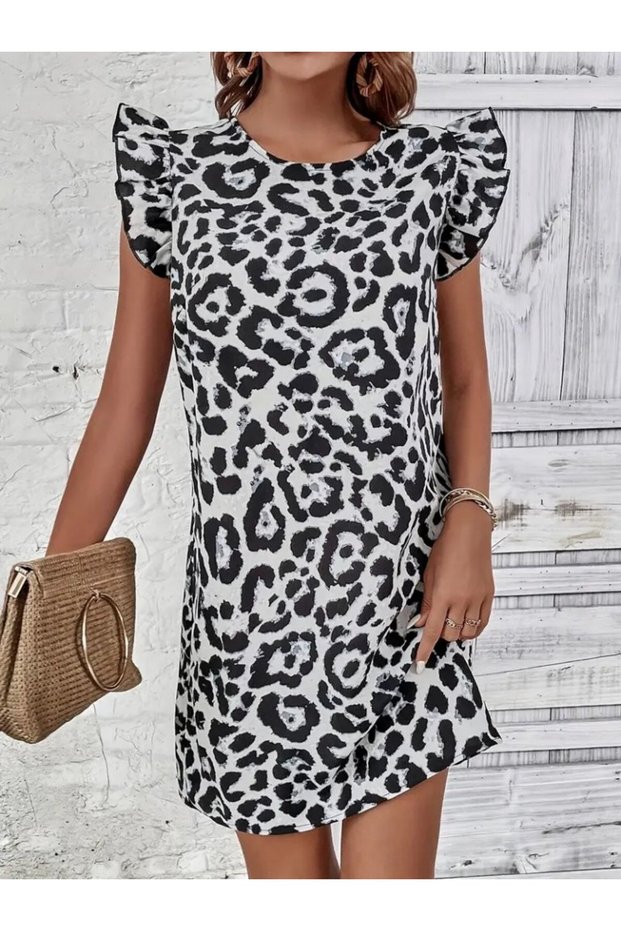 Women's short sleeve ruffle detail tie back leopard print sleeveless mini micro dress