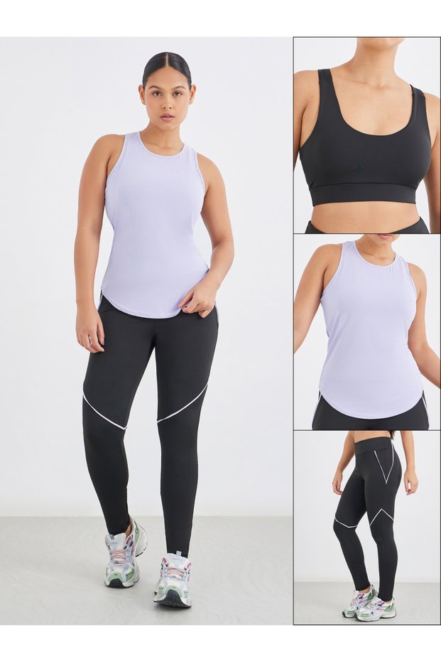 Textured Racerback Tank with Sports Bra and Contrast Stitch Detail Leggings Set