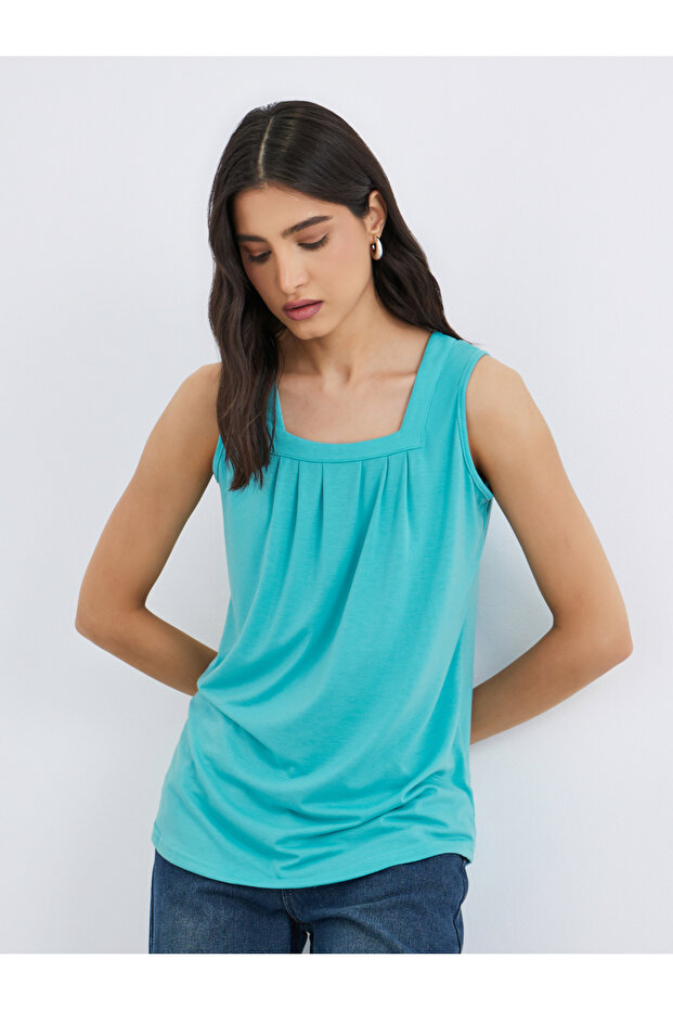 Solid Square Neck Sleeveless Top - 1