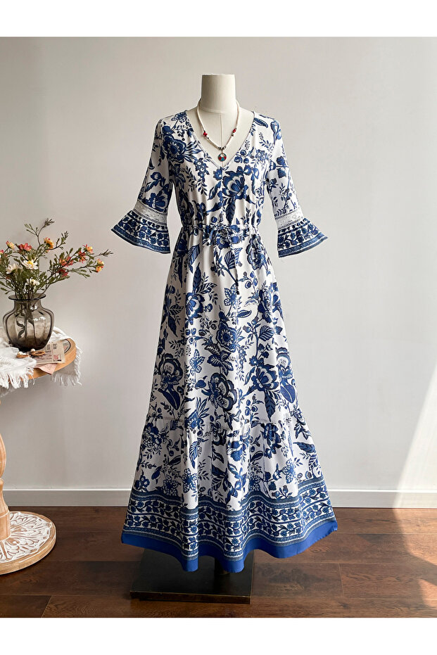 Floral Printed V Neck A-Line Maxi Dress