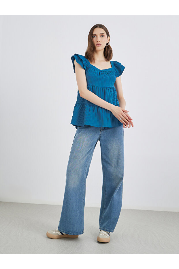 Texture Ruffled Sleeve Square Neck Top - 2