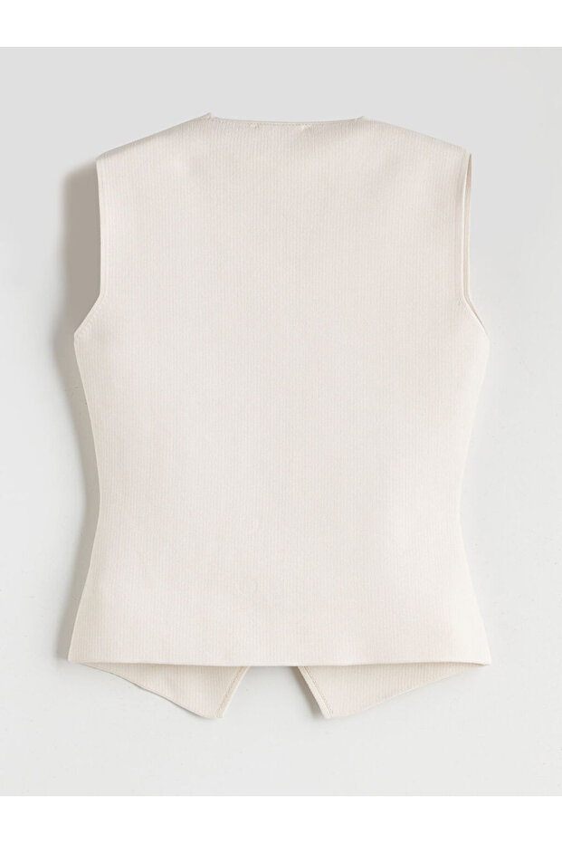 Ekru V Yaka Kadın Triko Yelek - 6