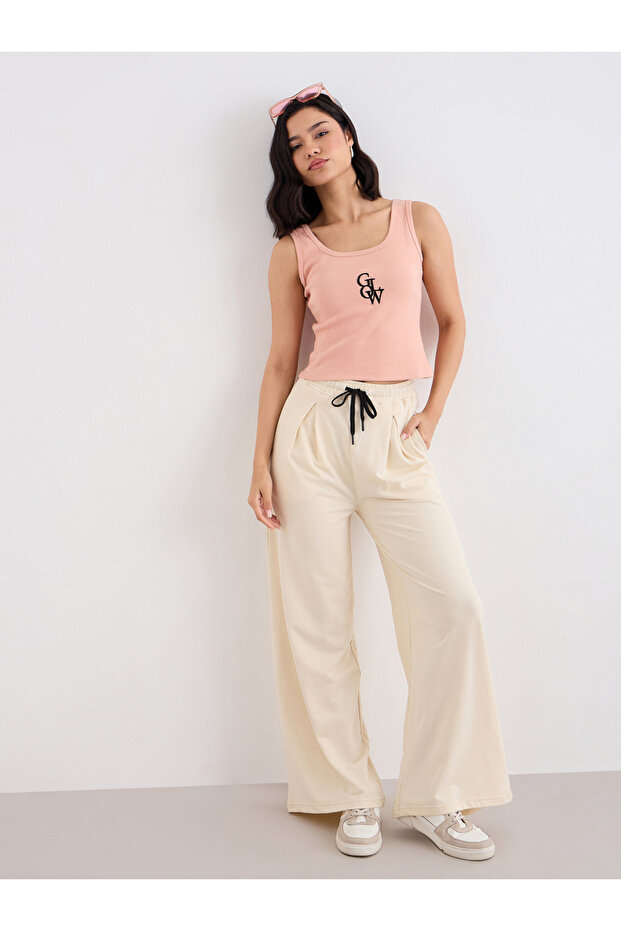 Beige Wide Leg Jogger with Pleat Detail