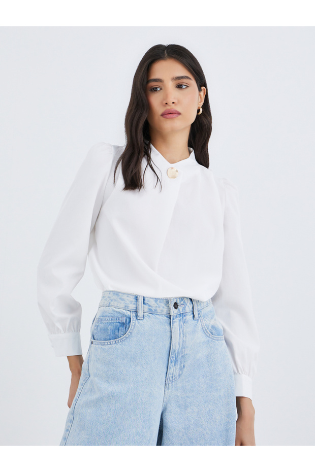 Solid Button Detail Long Sleeve Top - 2