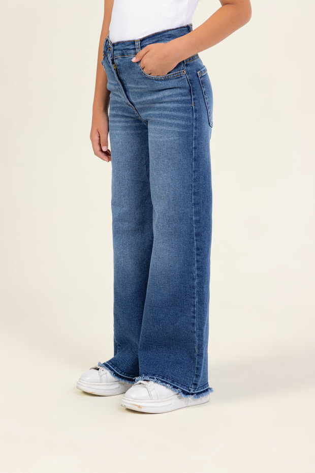 High-Waist Wide-Leg Palazzo Girls' Jeans Trousers Adjustable Waist