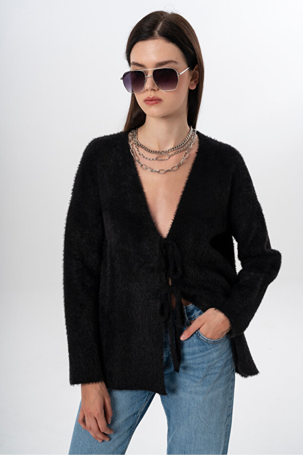 Women's Short Shaggy V-Neck Tie-Up Basic Long Cardigan