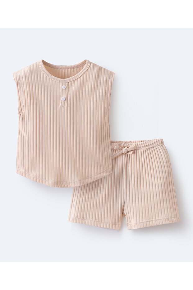 Solid Ribbed Sleeveless Top and Shorts Co-ords Set - Beige