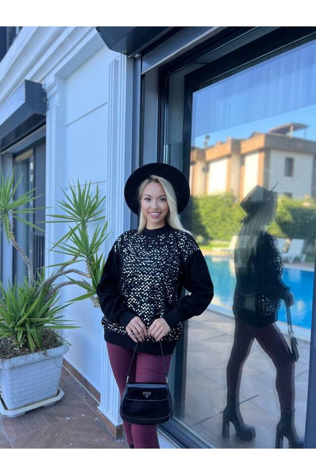 Havlu Örgülü Önü Pullu Triko Kazak - 1