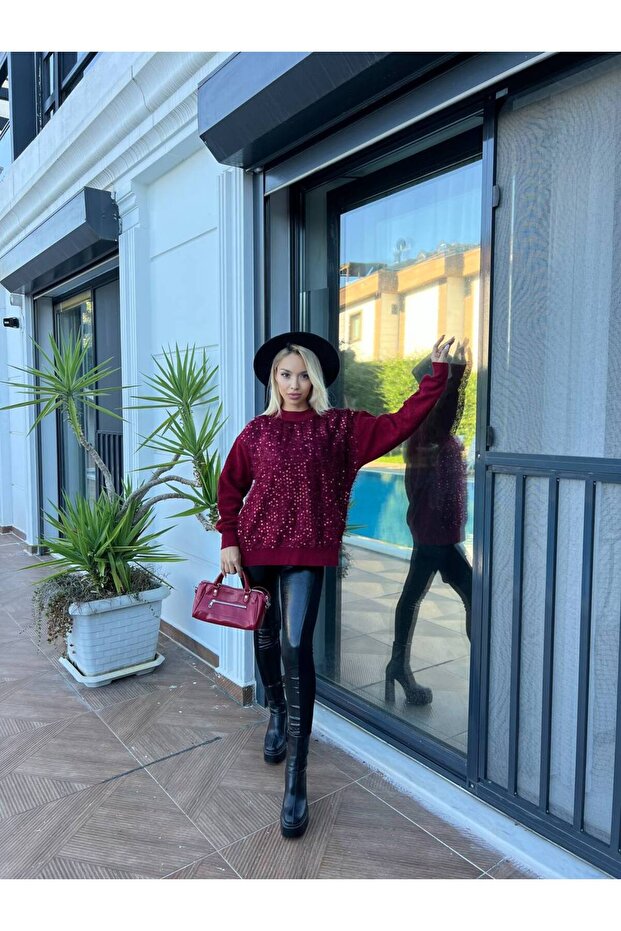 Havlu Örgülü Önü Pullu Triko Kazak - 7