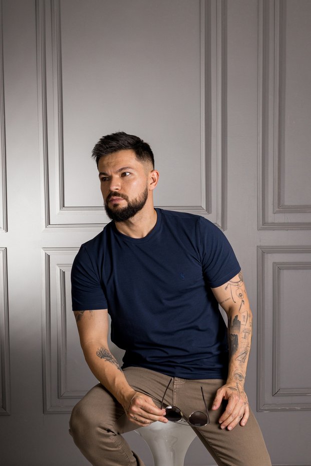 Μπλουζάκι 0 Γιακάς Regular Fit Βαμβάκι Basic Λαμπερό Μπλε