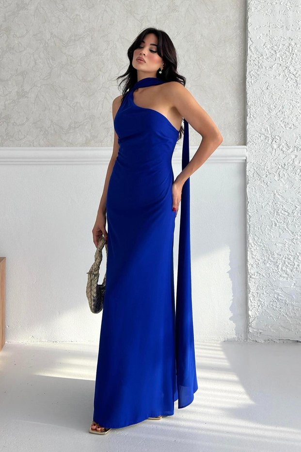 Cobalt Blue Scarf Detailed One Shoulder Dress