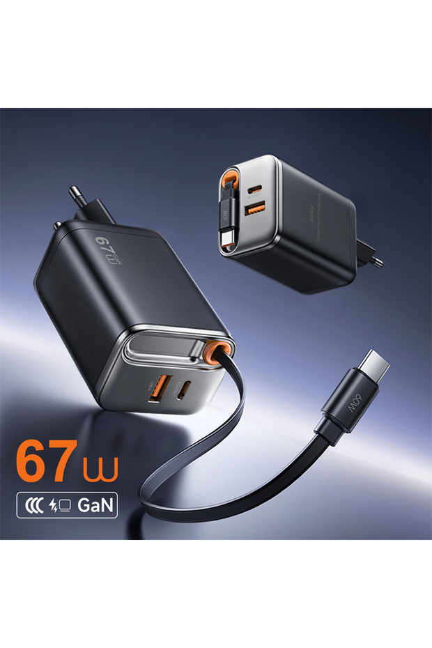 Wi-G020 Helix Serisi GaN Teknolojili USB-A to Type-C PD 65W Type-C Kablolu Şarj Seti Siyah - 2