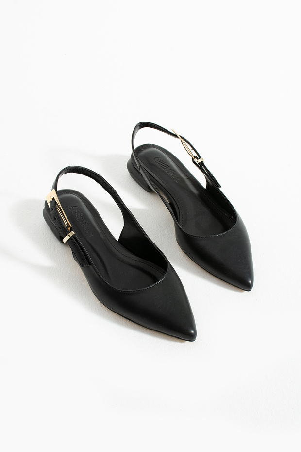 Siyah Vegan Slingback Babet – Sivri Burun, Düşük Topuk, Ayarlanabilir Tokalı Bant - 7