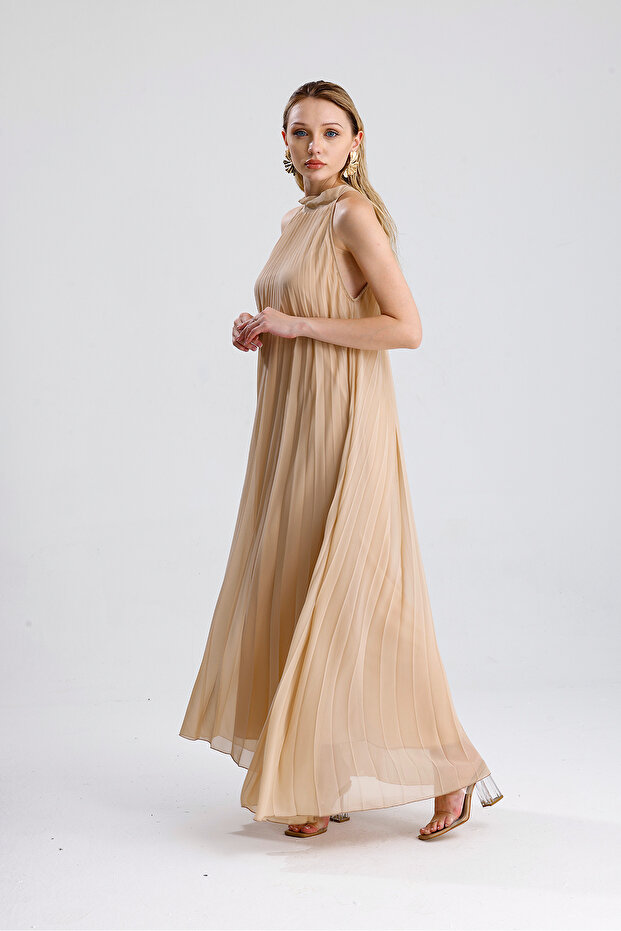 Astarlı Piliseli Uzun Abiye Şifon Elbise | ELB3512 Bej - 2
