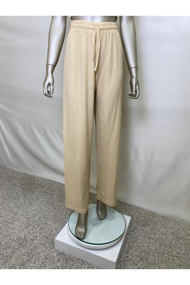 Women's Beige Seersucker Palazzo Trousers with Elastic Waist
