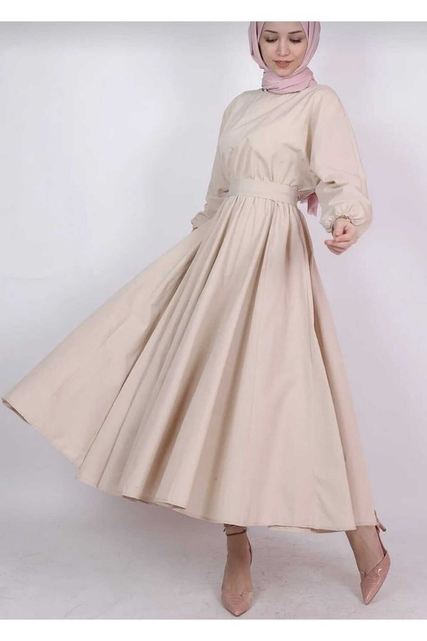 Seasonal Tericoton Hijab Dress Stylish Belted Long Evening Dress