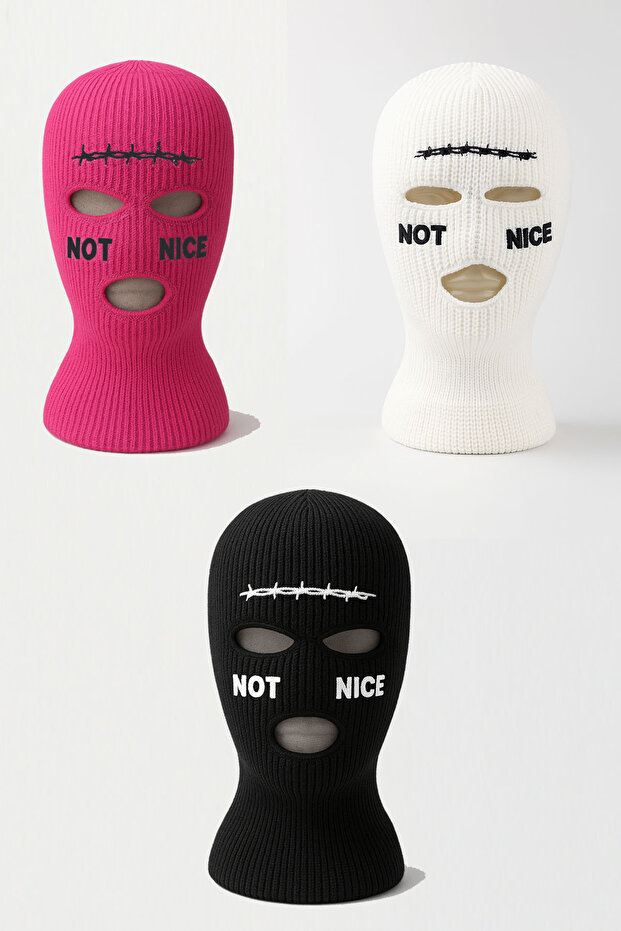 Barbed Wire Note Nice Embroidered Knitted Mask Set of 3 Black White Fuchsia