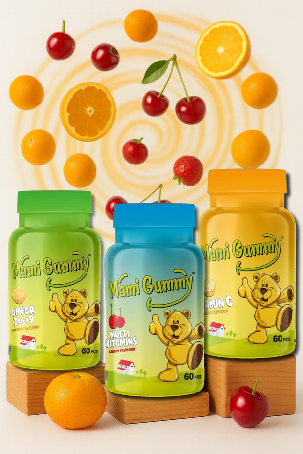 Set of 3 Multivitamins (Cherry) - Omega (3-6-9) (Orange) - Vitamin C (Orange)