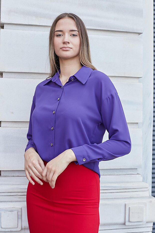 Women's Collared Off-Shoulder Long Sleeve Lycra-Free Fabric Shirt-Purple