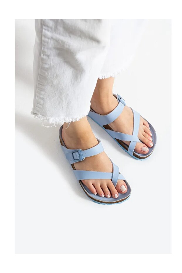Blue Flip Flops Flexible Double Striped Comfortable Faux Leather Daily Women's Slippers