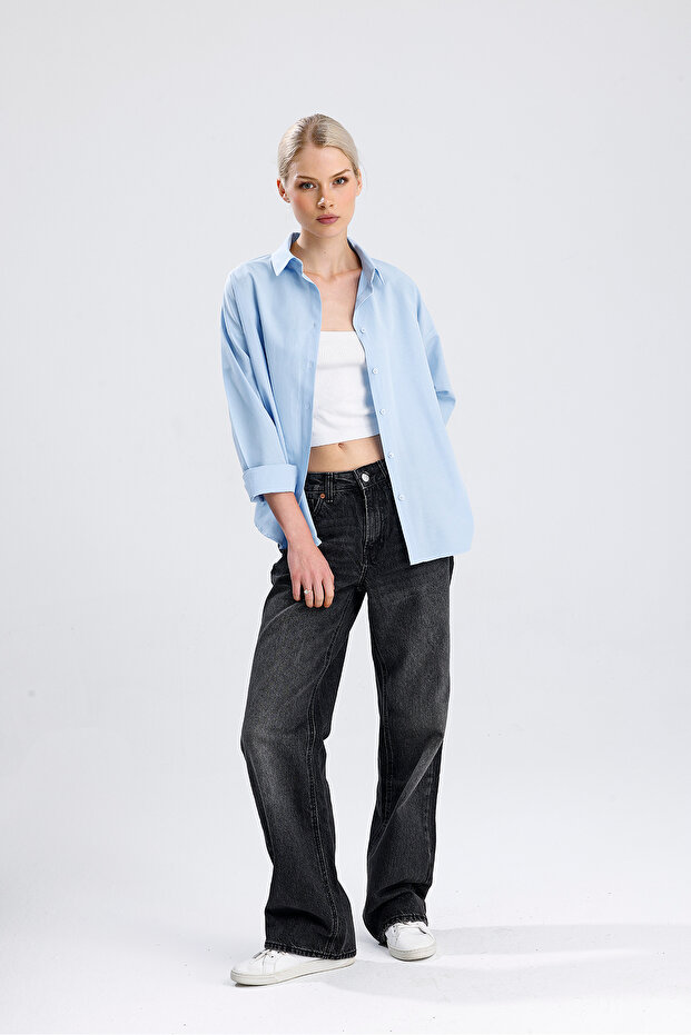 Kadın Mavi Oversize Uzun Basic Gömlek - 2