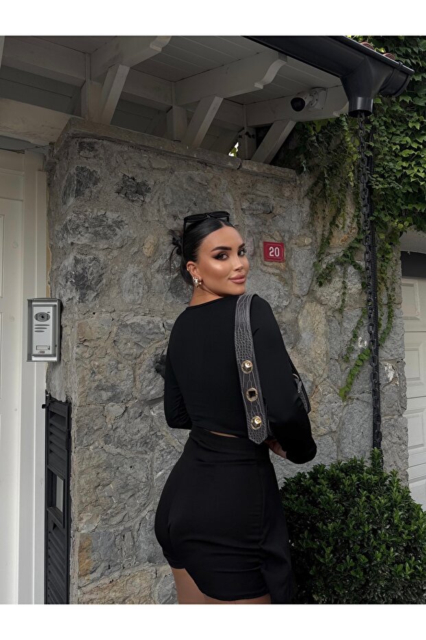 Siyah Korse Detay Basic Crop - 5