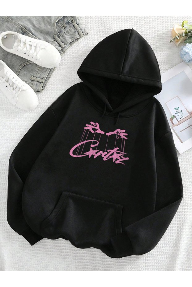 Critz Printed Black&Gray Oldschool Style Retro Hooded Sweatshirt - Women's Printed Hoodie