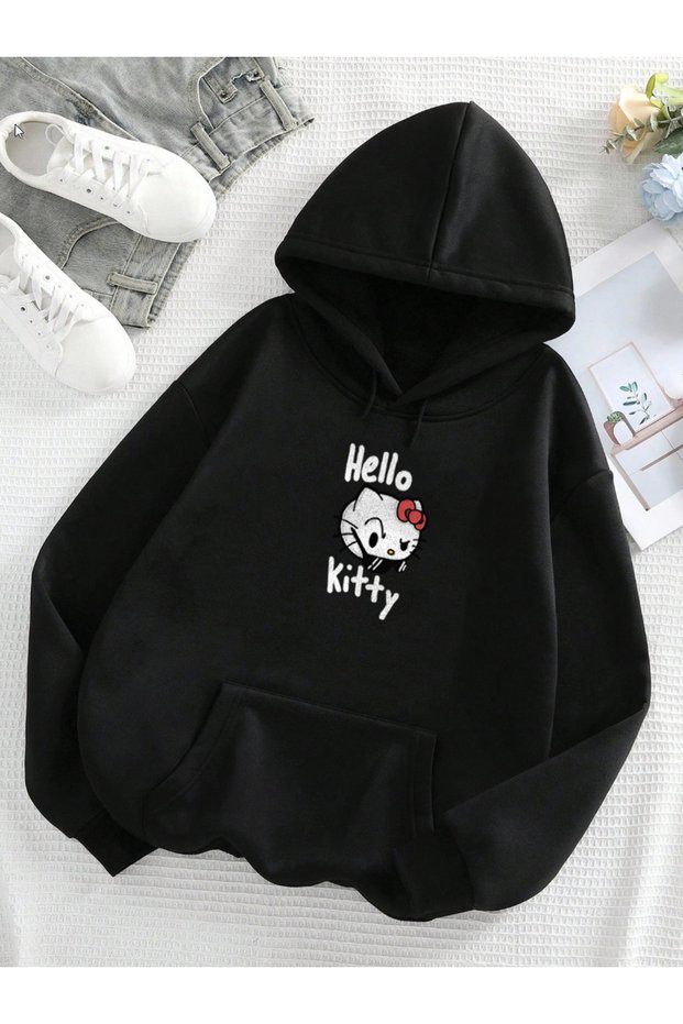 Hellokitty Suspicious Look Printed Women's Black&Gray Hooded Sweatshirt - Women's Printed Hoodie
