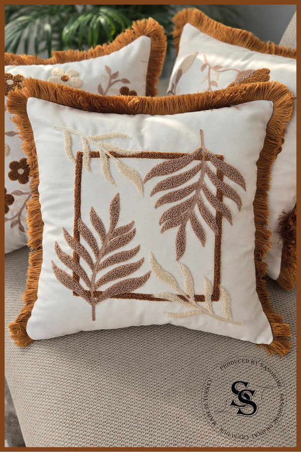 Beauty Flowers Punch Embroidered Patterned Linen Cushion Cover