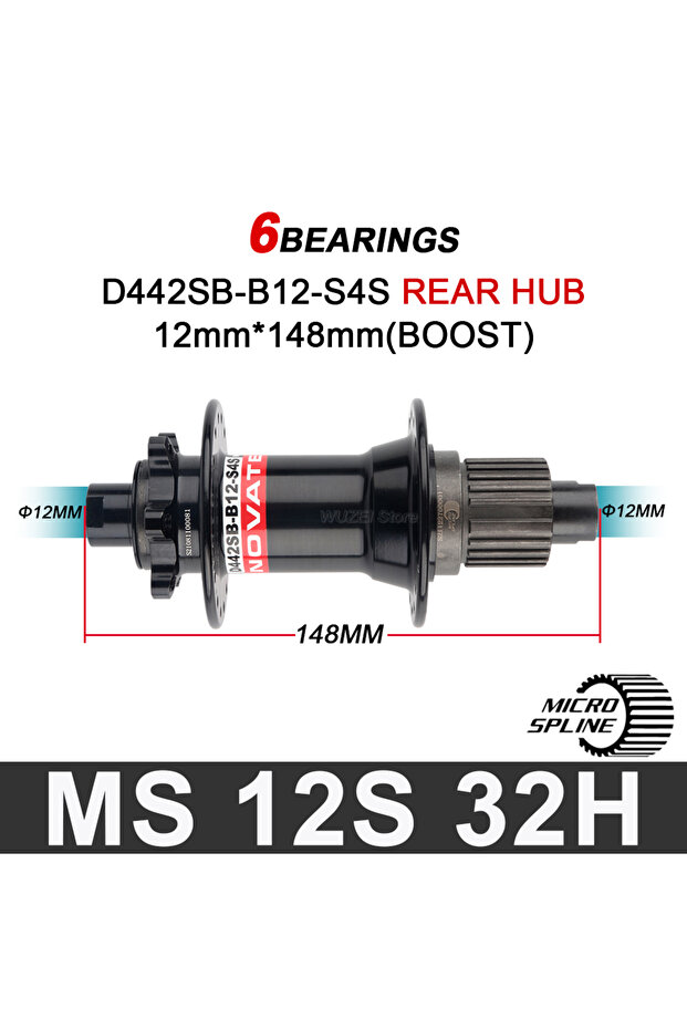 BOOST 148 MS Novatec D442SB-B12 Boost 148 مم × 12 مم محور خلفي XD Micro S بـ 32 فتحة و6 مسامير مقاس 142 × 12 مم