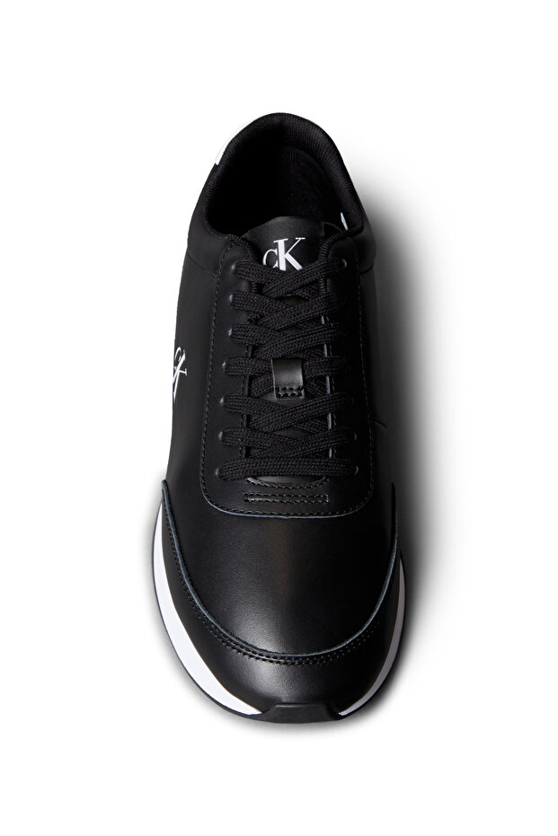 Calvin Klein Men Black/Bright White Leather Signature Logo Runner Trainers - 4