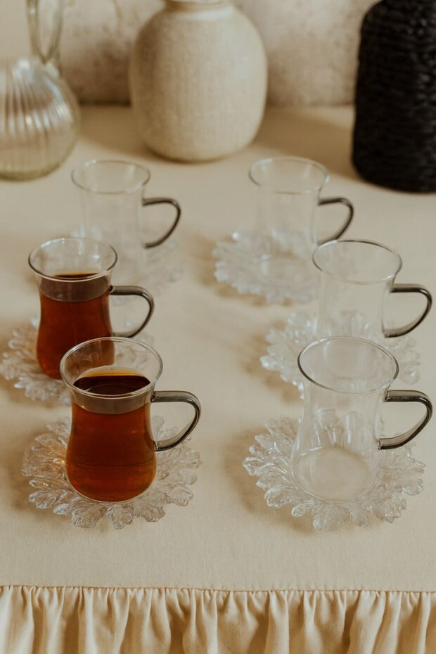 12 Parça Gri Mika Tabaklı Kulplu Cam Borosilikat Çay Bardağı Seti - 2