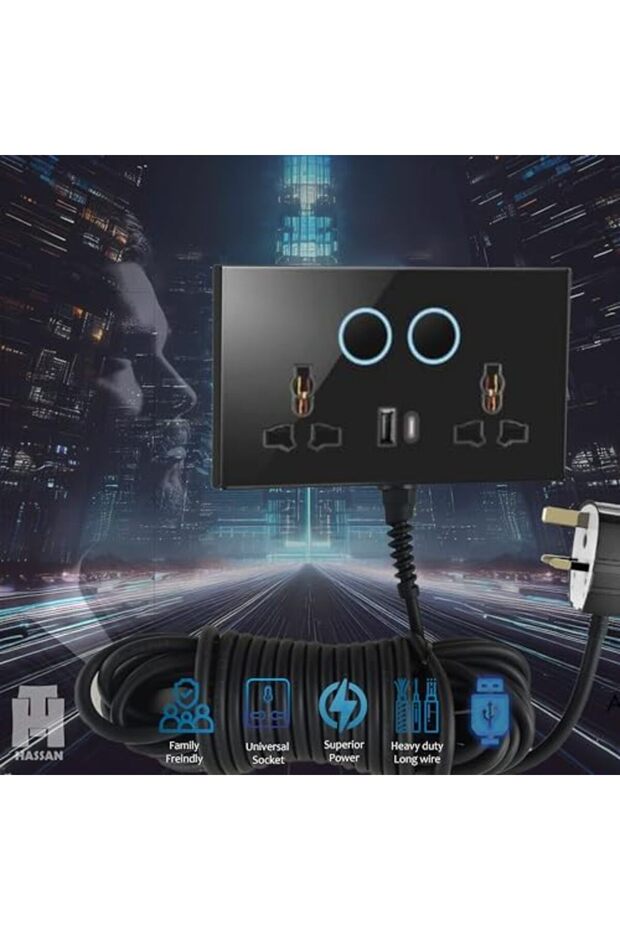 USB-C & USB-A Dual Universal Socket Extension with Neon Indicator - 5V 2.1A Power and Long Co - 8