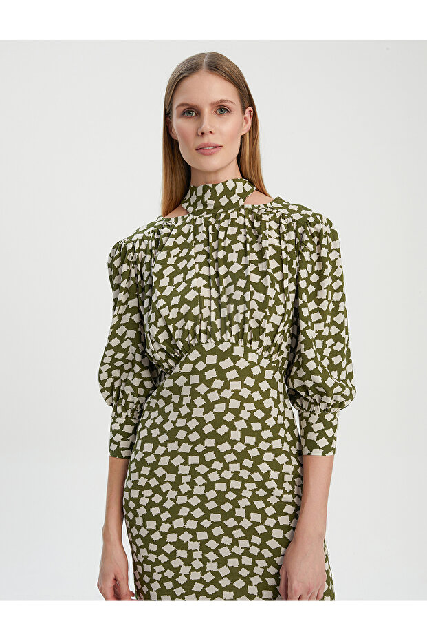 VISKON FULAR YAKA BASKILI ELBISE - 5