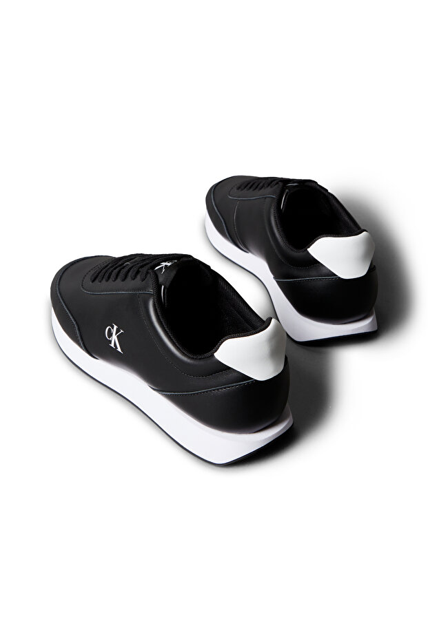 Calvin Klein Men Black/Bright White Leather Signature Logo Runner Trainers - 3