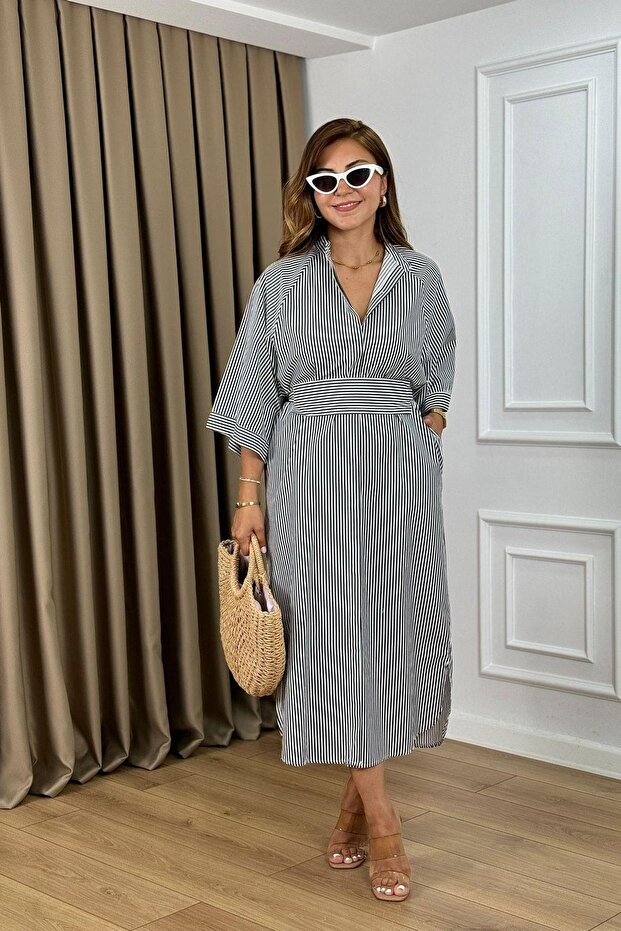 Bat Sleeve Belted Striped Dress