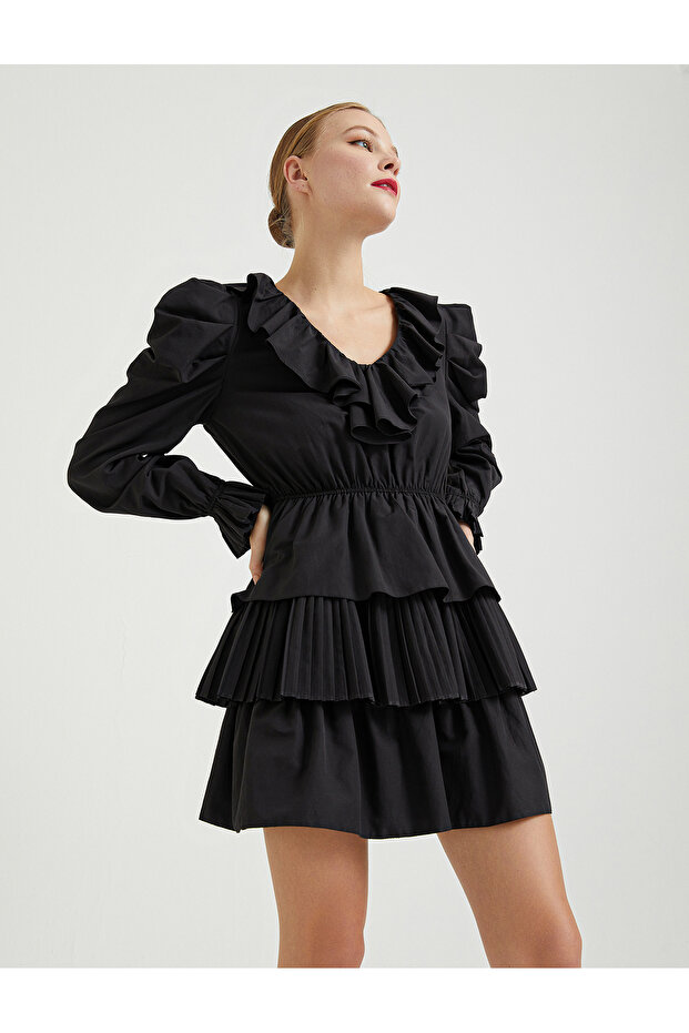 V YAKA PLİSELİ POPLIN ELBİSE - 3