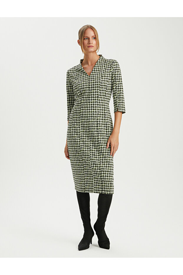 VISKON KARISIM V-YAKA DESENLI ORME ELBISE - 2