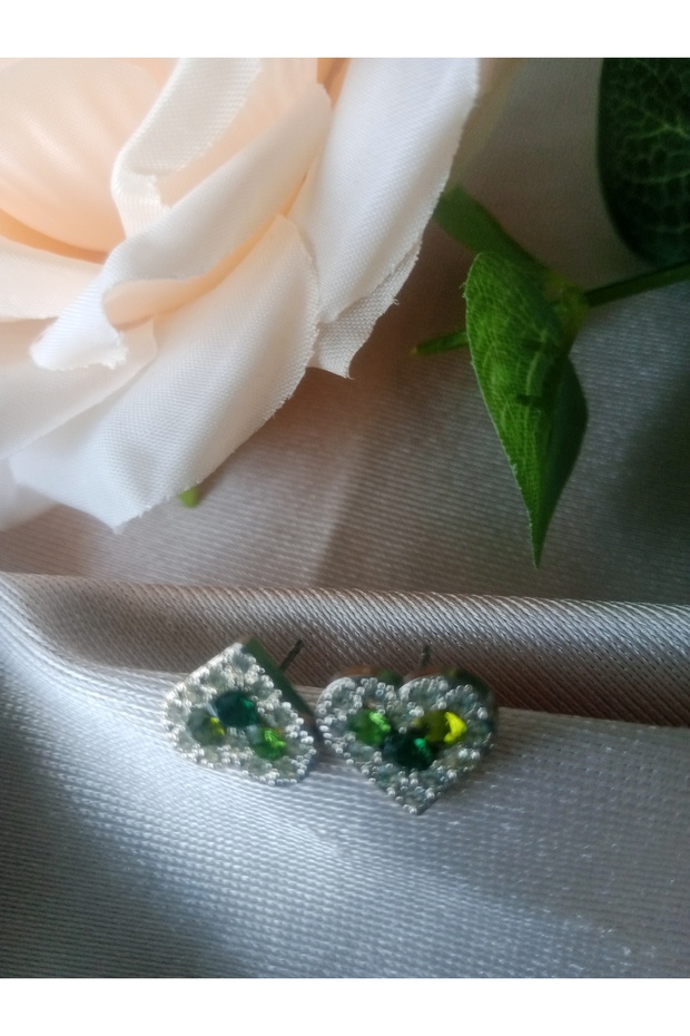 Silver Green Stone Heart Stud Earrings