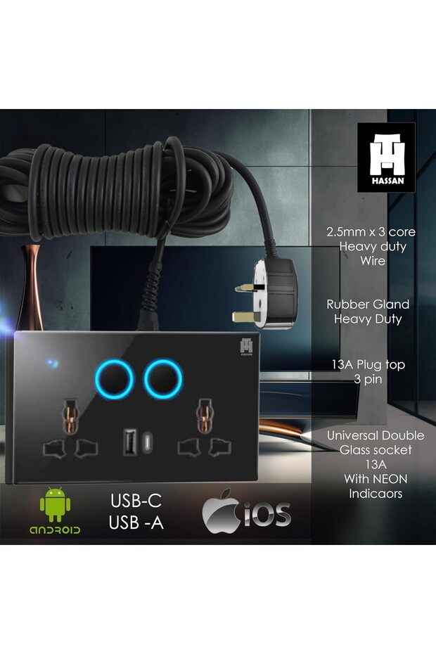 USB-C & USB-A Dual Universal Socket Extension with Neon Indicator - 5V 2.1A Power and Long Co - 3