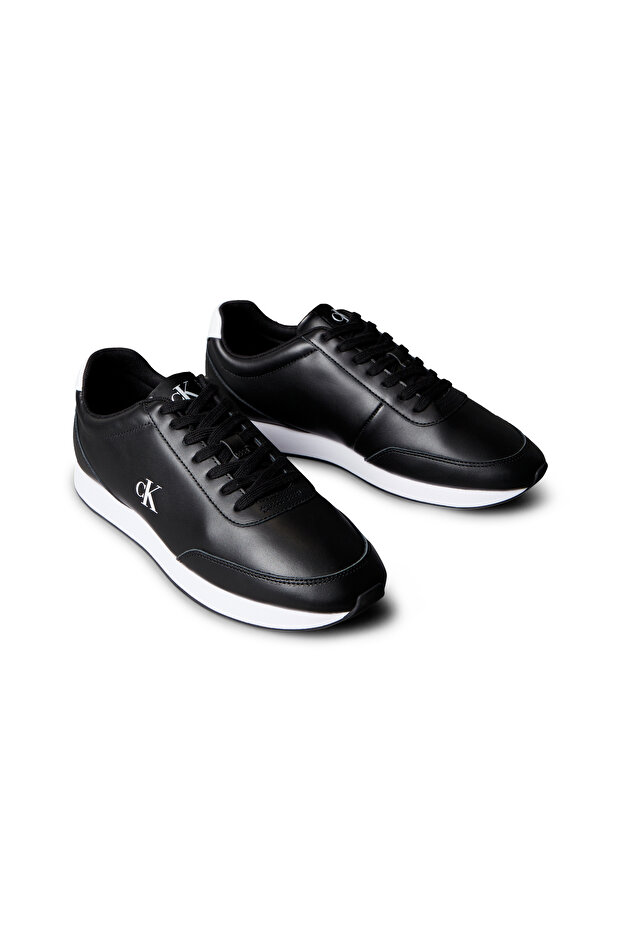 Calvin Klein Men Black/Bright White Leather Signature Logo Runner Trainers - 2