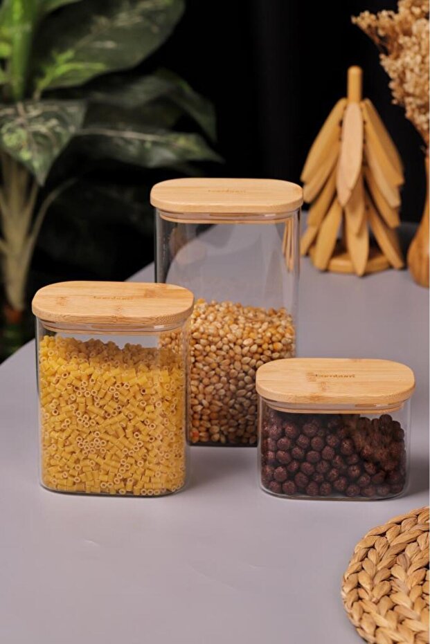 Multy - Bambu Kapaklı Cam Saklama Kabı 600ml + 1000ml + 1500ml - 4