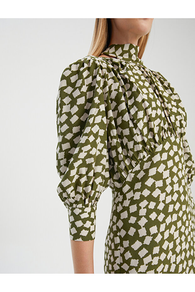 VISKON FULAR YAKA BASKILI ELBISE - 4