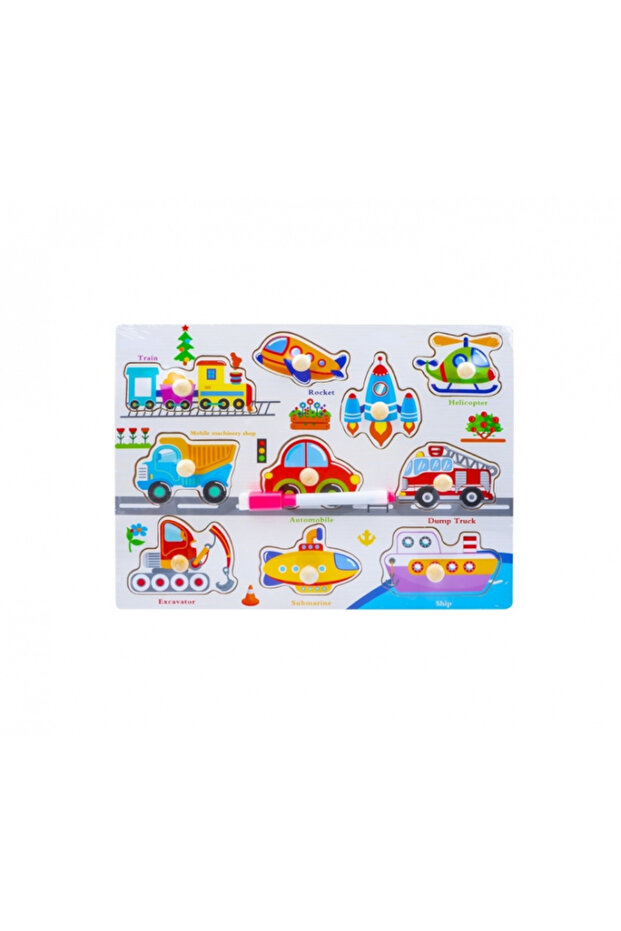 Educational Puzzle 2 in 1, Interlocking with Handle and Drawing Board, Includes Marker, Made of Wood - 1