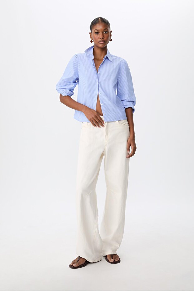 Basic poplin balon kollu çizgili gömlek - 1