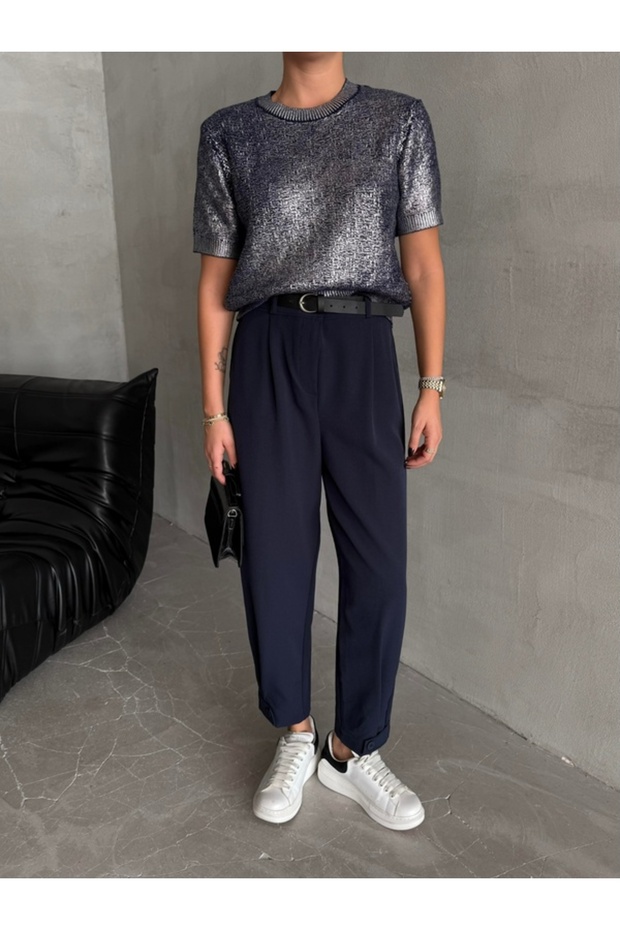 Navy Blue Ruby Cuffed Trousers - 3520