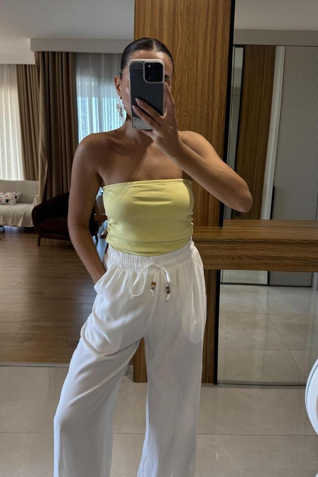 Frieda Sarı Straplez Drapeli Crop - 2