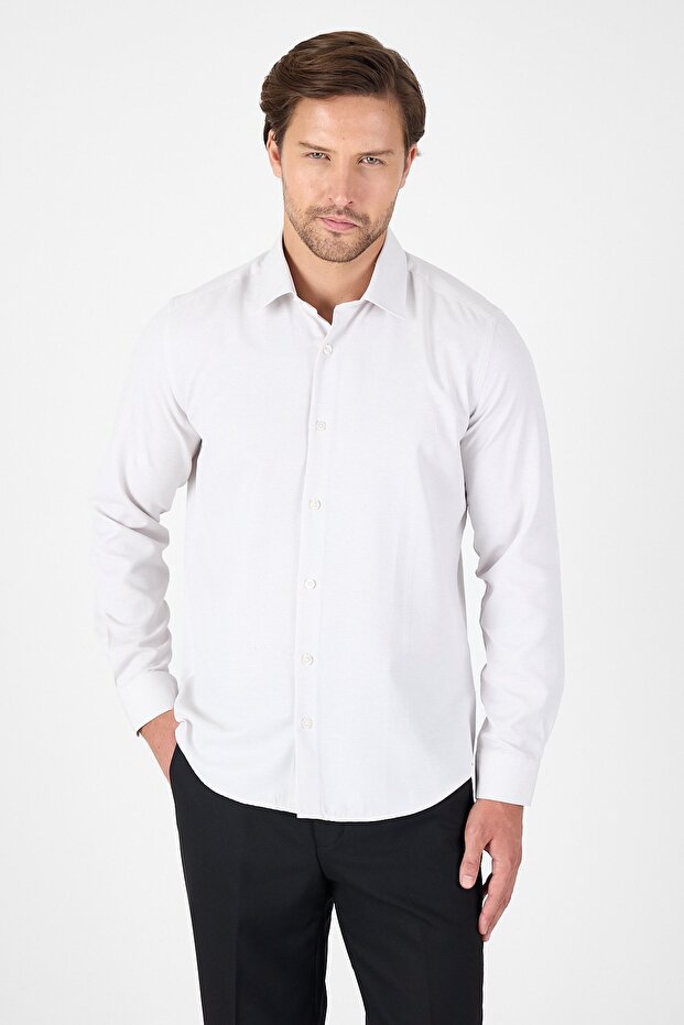 Men's Beige Long Sleeve Hard Collar Slim Fit Cotton Shirt 1004250225